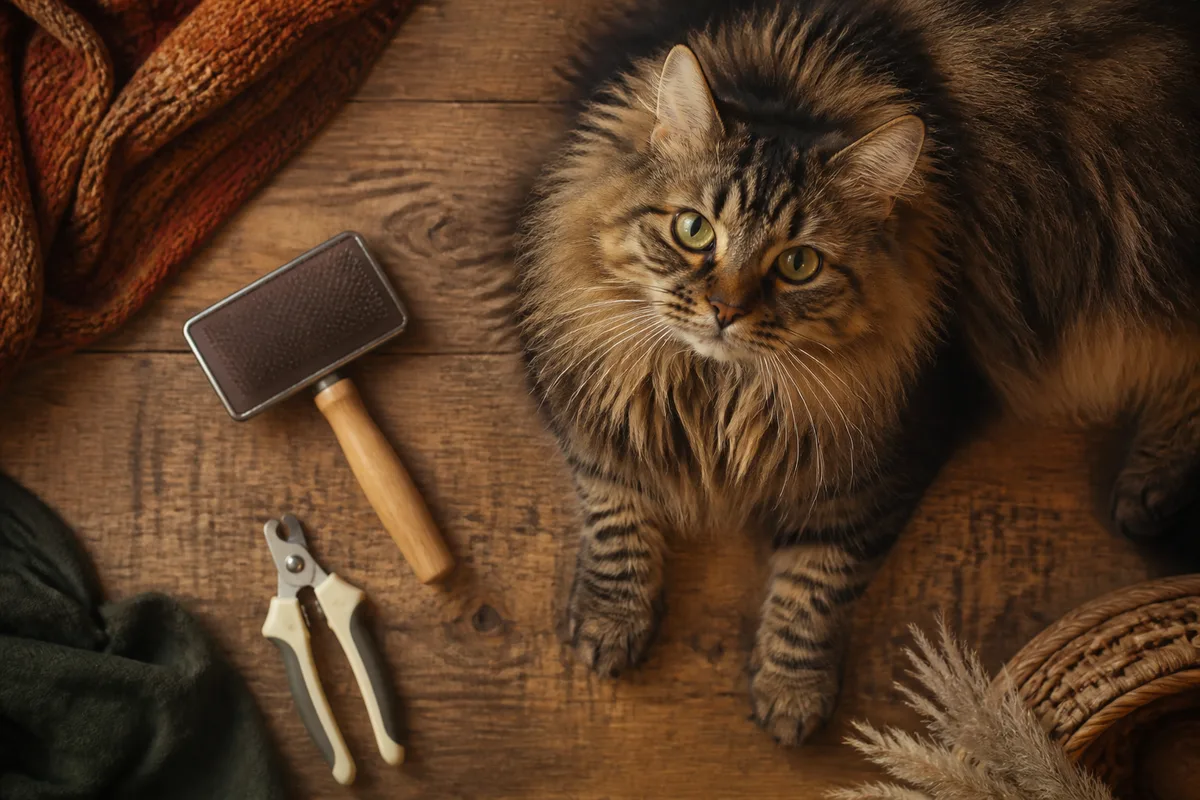 Brosse et coupe-griffes posés près d&rsquo;un chat au poil long