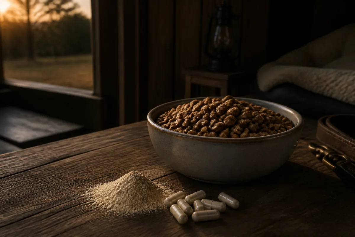 Gélules et poudre de complément posées à côté d&rsquo;une gamelle de croquettes