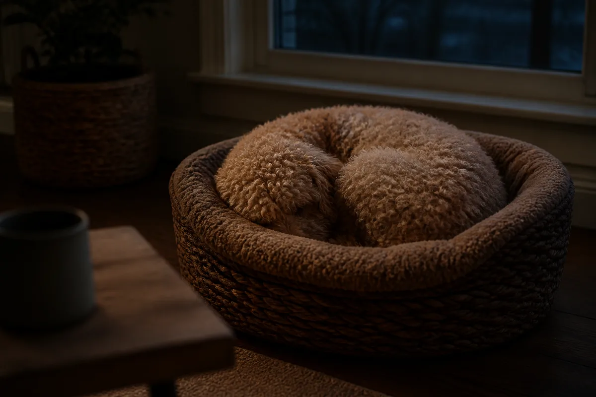 Chien endormi en boule dans un panier à bords rembourrés