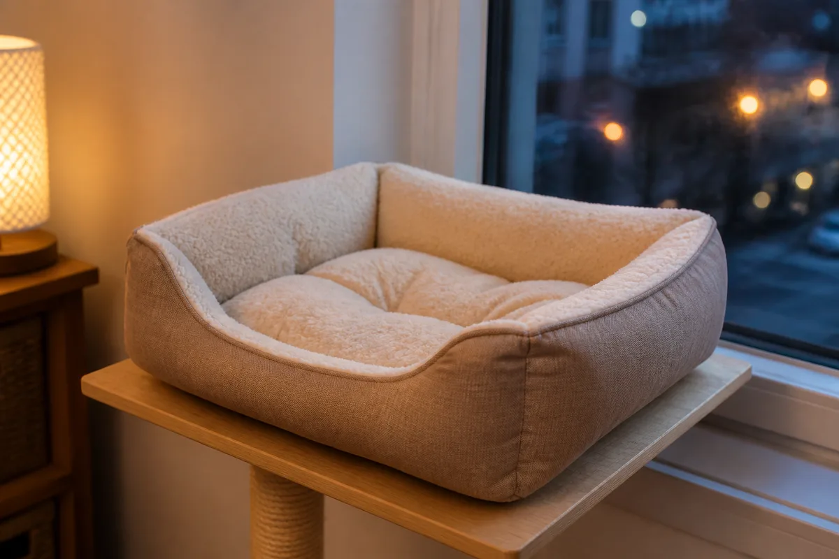 Coussin pour chat installé en hauteur près d&rsquo;une fenêtre