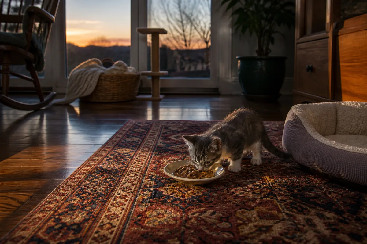 Chaton de quelques semaines découvrant des croquettes réhydratées dans une soucoupe