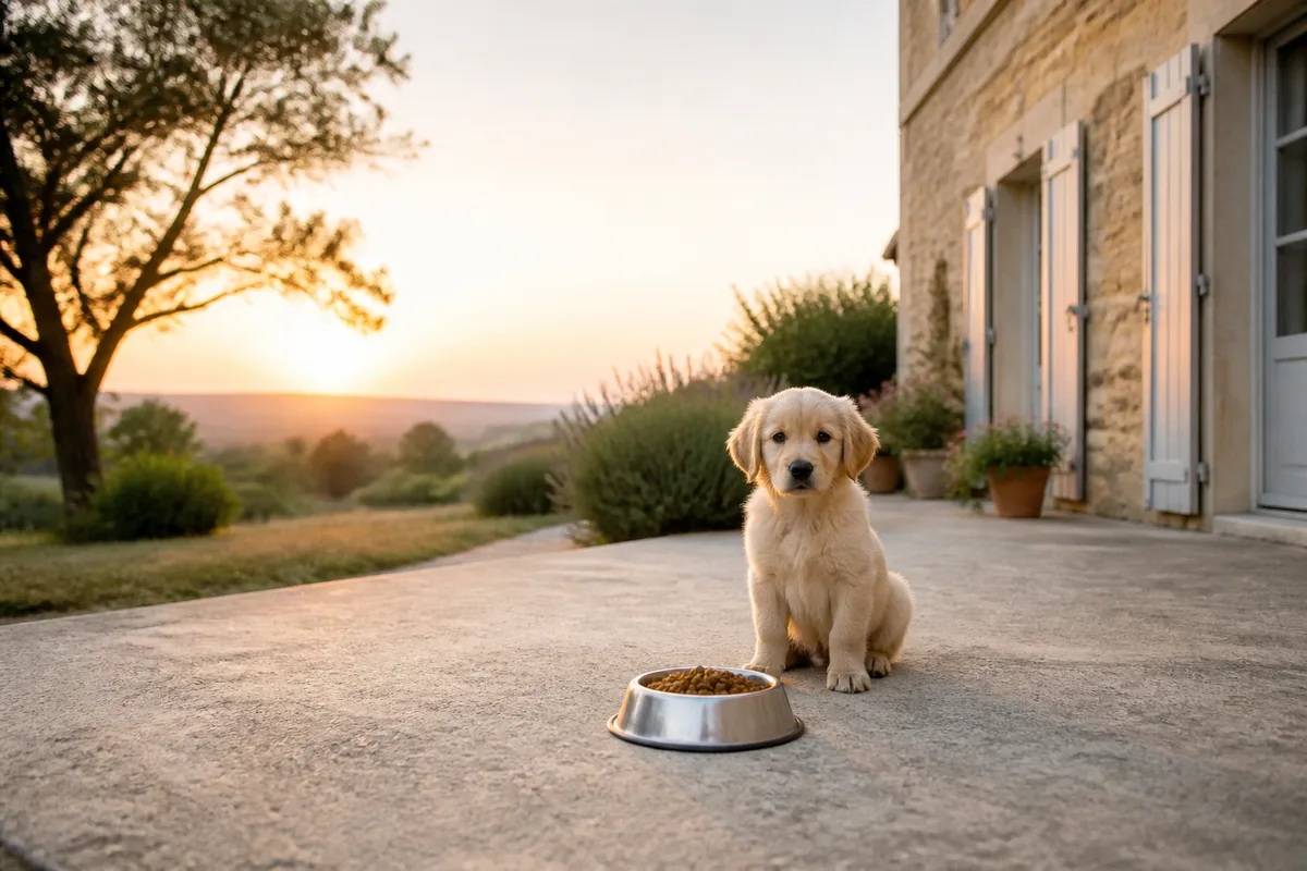 Jeune chiot devant une gamelle de croquettes posée au sol