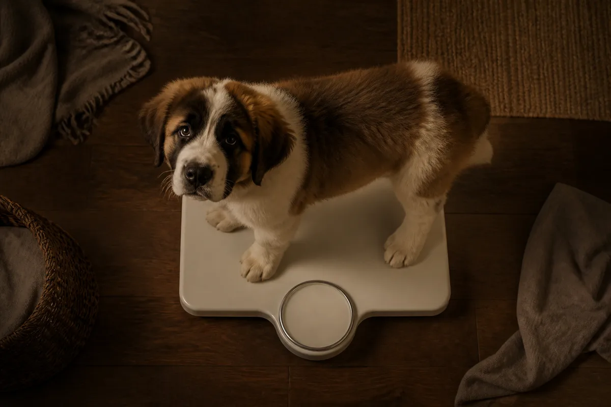 Chiot de grande race pesé sur une balance lors d&rsquo;un suivi de croissance