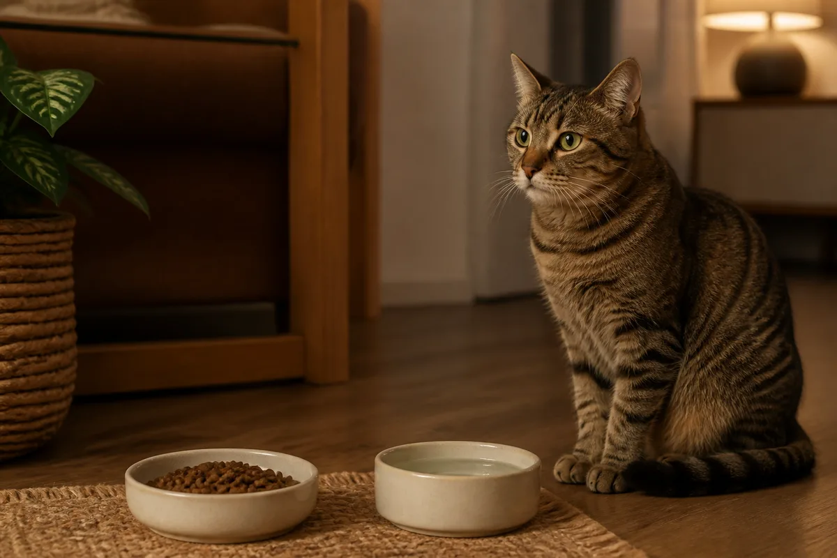 Chat d&rsquo;intérieur assis près de sa gamelle et de son bol d&rsquo;eau
