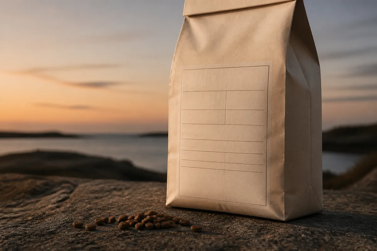 Étiquette d’un sac de croquettes pour chien avec la liste des constituants analytiques
