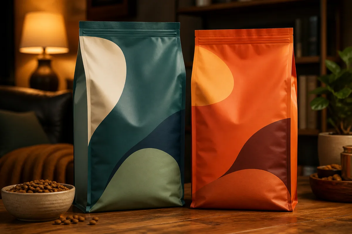 Comparaison de deux sacs de croquettes posés côte à côte pour lire leurs étiquettes