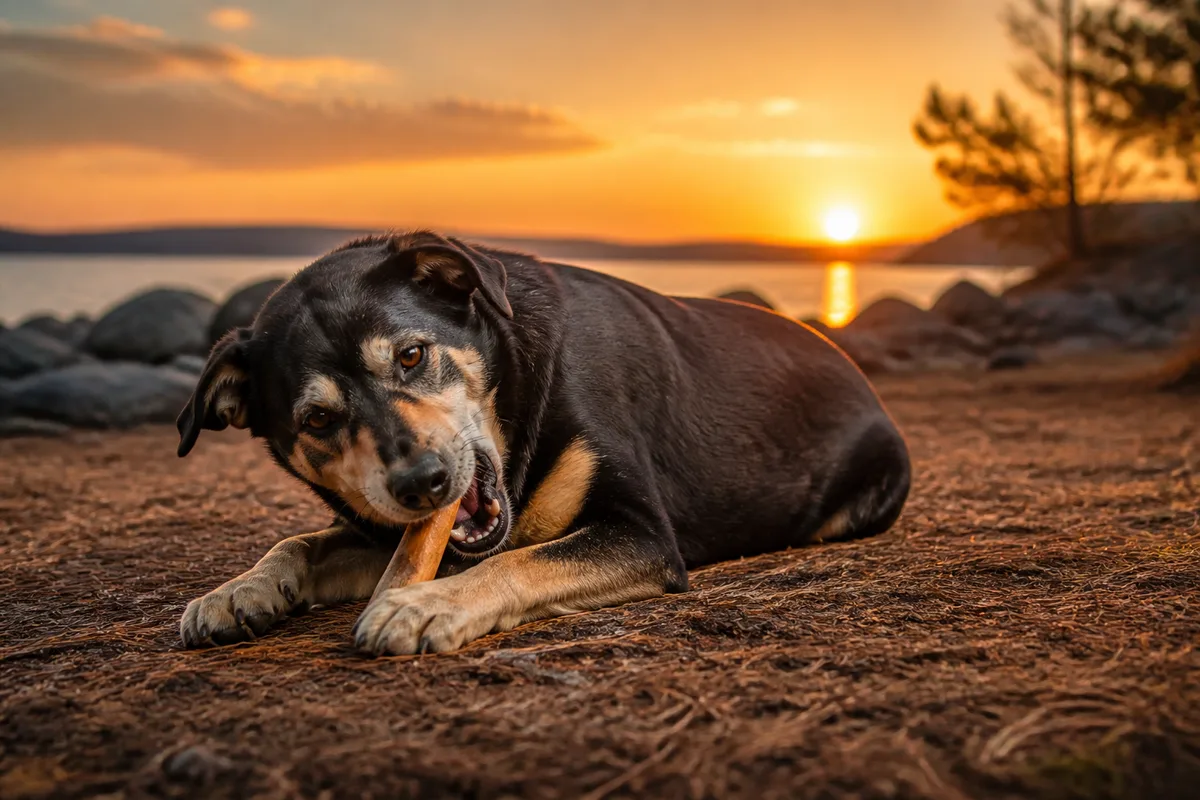 Chien allongé mastiquant une friandise à mâcher